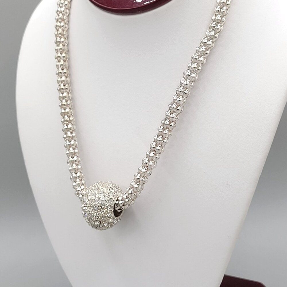 Silver Tone Woven Necklace With Floating Rhinestone Crystal Ball Pendant 16"